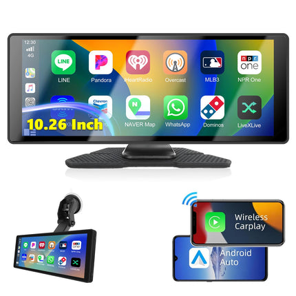Podofo 10.26 inch IPS Portable Car Radio with Wireless Carplay Android Auto Touchscreen Digital Media Receiver 7-32V Touchscreen with Bluetooth/FM Transmitter/AUX/GPS/Airplay/SD/TF