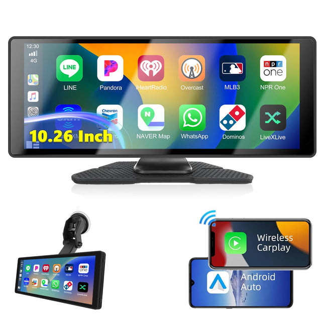 Podofo 10.26 inch IPS Portable Car Radio with Wireless Carplay Android Auto Touchscreen Digital Media Receiver 7-32V Touchscreen with Bluetooth/FM Transmitter/AUX/GPS/Airplay/SD/TF