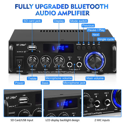 HiFi võimendi BT-298A+ Bluetooth 5.0 mini stereo võimendi vastuvõtja 2 kanalit 40W x 2 digitaalne võimsusvõimendi helivõimendi FM-raadio, SD/USB-kaardi sisendiga kodu-/autokõlaritele