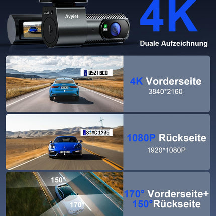Avylet 4K+1080P auto videoregistraator esi- ja tagaosaga, Wi-Fi/rakendusega topeltkaamera parkimismonitoriga, toetab välist GPS-moodulit, öönägemist, WDR-i, 170°+150° lainurka, G-andurit, max 256GB