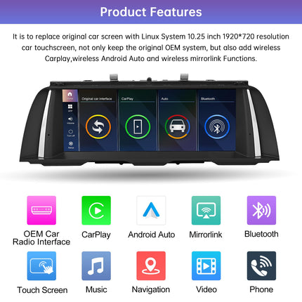 Road Top 10.25 inch Car Radio Touchscreen Wireless CarPlay Android Auto for BMW 5 Series F10/F11 2012-2016 with NBT System, Car Stereo Multimedia Autoradio Receiver (Not for F07!!!)