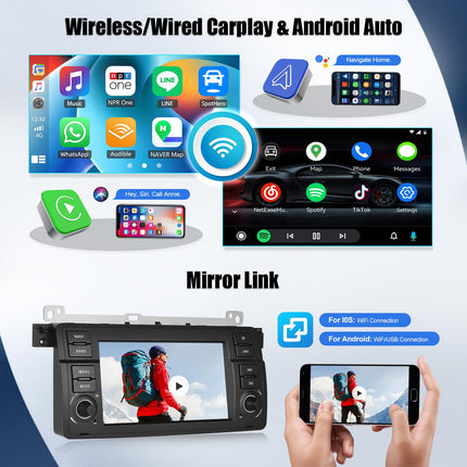 [8-tuumaline] 4+64G SIXWIN Android 13 autoraadio Carplay/Android Auto koos DSP-ga BMW 3. seeria E46 1999-2005 jaoks, 7-tolline puutetundliku ekraaniga raadio GPS-i, WiFi, Bluetooth 5.0, USB, FM RDS, Mirror Link + 32 riba ekvalaiser