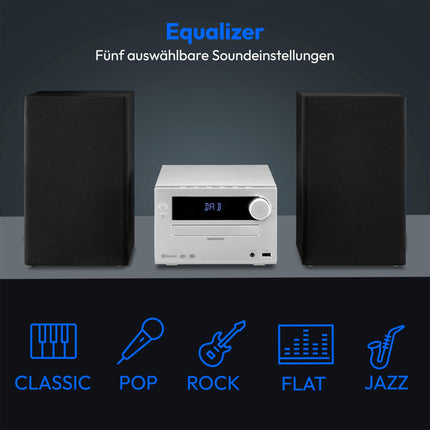 MEDION E64482 mikroaudiosüsteem, kompaktne süsteem (DAB+, CD-mängija, PLL FM-raadio, Bluetooth, MP3-mängija, AUX, kõrvaklapipesa, USB, unetaimer, hämardatav ekraan) hõbedane
