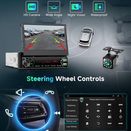 Podofo DAB+ 1 DIN Bluetooth-autoraadio CarPlay ja Android Auto juhtmevaba süsteemiga, mootoriga hüpikaknaga, 7-tollise puutetundliku ekraaniga, Mirror Link FM-iga, USB Type-C-pordiga, AUX-mikrofoniga, tahavaatekaameraga