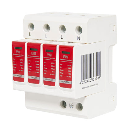 Leiniger Pro liigpingekaitse, Leinigeri liigpingepiirik, I+II, tüüp 1+2 (B+C), 4-pooluseline, maksimaalne tühjendusvool 50 kA, N- ja PE-ühendus