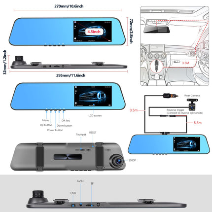 CAMECHO peegliga autokaamera tahavaatekaameraga 4,5-tolline ekraan Full HD 1080P, topeltkaamera autole, peegel auto eest ja tagant, super öine nägemine DVR-silmussalvestusega