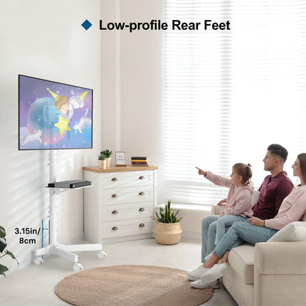 BONTEC mobiilne telerialus ratastel 23–60-tollistele plasma-/LCD-/LED-teleritele, kaasaskantav telerialus sülearvuti riiuliga, reguleeritava kõrgusega rulluv telerialus kuni 25 kg, max. VESA 400x400 mm (valge)