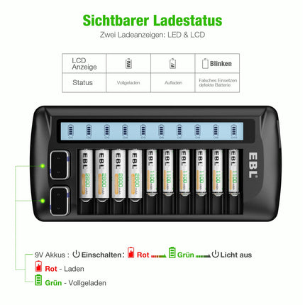 EBL 999 universaalne akulaadija AA AAA 9V Li-Ion/NiMH/NiCd akude jaoks, 12 laadimispesaga LCD-ekraaniga, mitmiklaadija