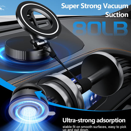 CloudValley Magnetic Metal Car Phone Holder, Ultra-Strong Vacuum Suction Cup with N52 Magnet, [360° Rotatable &amp; Foldable] for iPhone 16/15/14/13/12, Universal Cell Phone Holder for Car/Glass, Black