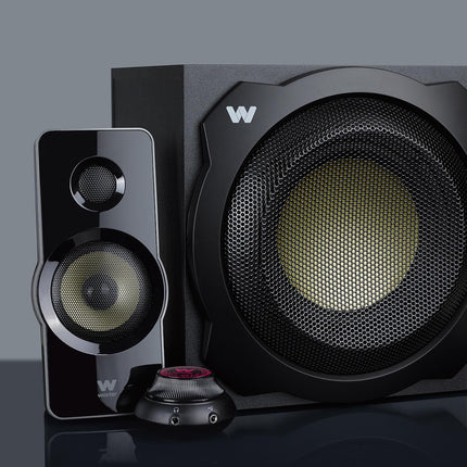 Woxter Big Bass 260 - 2.1 kõlarid (150W, puidust subwoofer, metallvõre, juhtmega helitugevuse regulaator, AUX ideaalne teleri, arvuti ja mängukonsoolide jaoks), must
