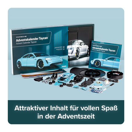 FRANZIS 67203 - Porsche Taycan Advent Calendar Frozen Blue, metal model kit in 1:24 scale, including LED showroom lighting and 52-page accompanying book