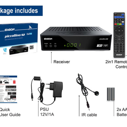 EDISION PICCOLLINO S2 Full HD satelliitvastuvõtja FTA (ühildub DVB-S2 | ARD ja ZDF SD väljalülitusvõimalusega), Unicable'i ühilduv, USB, HDMI, SCART, LAN, 2-in-1 kaugjuhtimispult, eelinstallitud saksa kanalite nimekiri