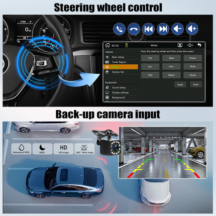 CAMECHO Double Din Radio with Wireless Carplay, 7 inch Touchscreen Android Auto Car Radio with Bluetooth FM Mirror Link Steering Wheel Control AUX EQ Sound YouTube + Rear View Camera