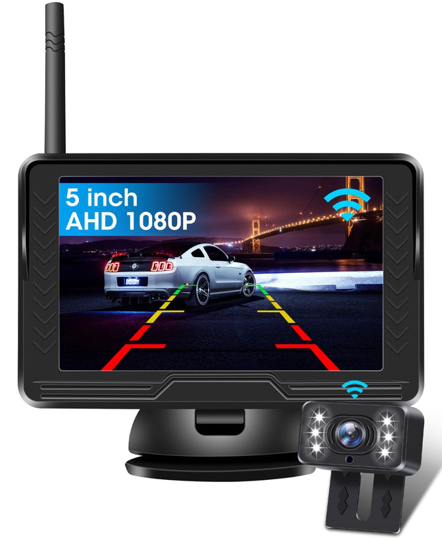 【Stabiilne signaal】AHD 1080P juhtmevaba tahavaatekaamera, juhtmevaba auto tagurduskaamera 5-tollise monitoriga 6 LED-tulega, juhtmevaba tahavaatekaamera 170° lainurk IP69 veekindel isetegemise juhend autole, haagissuvilale ja kaubikule
