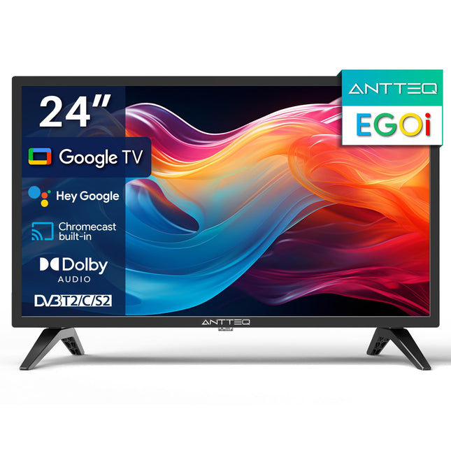 Antteq EGoi nutiteler 24-tolline LED-61 cm HD-teler Google TV WiFi-ga, kolmekordse tuuneriga (DVB-C/-S2/-T2) Google Voice Assistantiga, Google Play pood, DAZN, Netflix, Prime Video [energiaklass E]