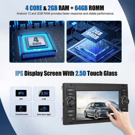 [2+64G] SIXWIN Android 13 autoraadio Ford C-Max/Galaxy/Connect/Fiesta/S-Max mudelitele koos Carplay/Android Auto/Mirrorlinkiga, 7-tolline mahtuvuslik puuteekraan WiFi, GPS, Bluetooth, FM/RDS EQ-ga