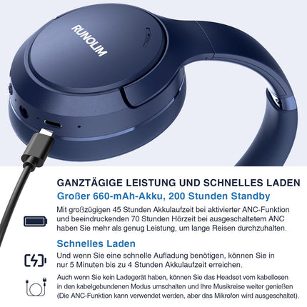 RUNOLIM Bluetooth kõrvaklapid, aktiivse mürasummutusega kõrvaklapid, juhtmevabad Bluetooth kõrvaklapid, 65 tundi mänguaega ANC-režiimis, kõrglahutusega heli, sügav bass, läbipaistvusrežiim