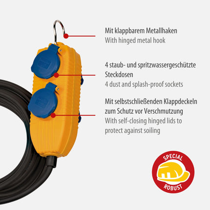 Brennenstuhli ehitusplatsi kaabel IP54 koos toiteplokiga (4-suunaline pikendusjuhe välistingimustes kasutamiseks, välistingimustes kasutatav jaotur 5 m kaabliga)