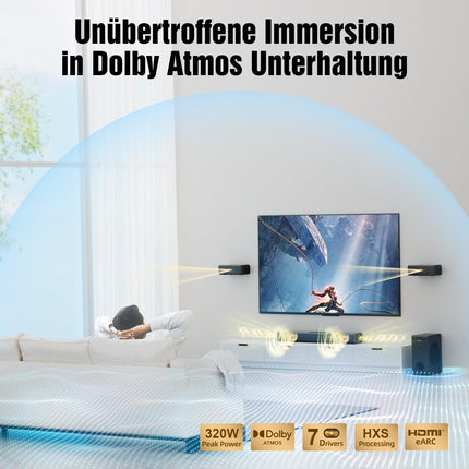 Hiwill 4.1-kanaliline Dolby Atmos heliriba, 320 W teleritele mõeldud heliriba subwooferiga, 2 külgsuunas suunatud kõrgsageduskõlarit, 2 eesmist ruumilise heli kõlarit, kodukino ruumilise heli süsteem telerile, HiElite A41 Pro