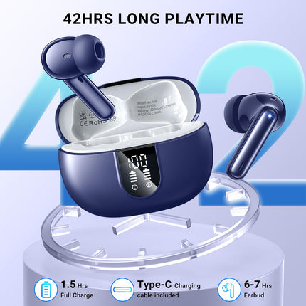 AOVOCE Bluetooth-kõrvaklapid, kõrvasisesed juhtmevabad Bluetooth 5.3 kõrvaklapid 42H sügava bassiga, spordikõrvaklapid 4 mikrofoniga, veekindlad kõrvaklapid ENC mürasummutusega, LED-ekraan, USB-C, tumesinine
