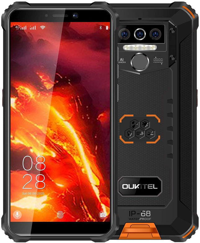 OUKITEL WP5 PRO 4G Outdoor Smartphone without Contract, 8000mAh Battery, 4 LED Flash, Android 10 Rugged Phone IP68, Helio A25 4GB + 64GB, 13MP + 2MP + 2MP, Face ID, GPS DUAL SIM Orange