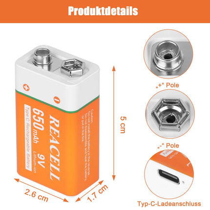 REACELL 9V Block Battery 650mAh USB Rechargeable Li-Ion Battery 1.5 Hours Fast Charging 9 Volt Rechargeable Batteries Rechargeable Block Battery Long Life for Smoke Detectors