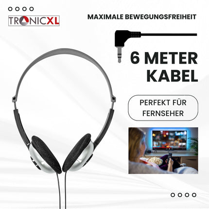 TronicXL TV kõrvaklapid 6 m pikkuse kaabli ja peavõruga, ühilduvad teleritega Samsung, LG, Sony, Toshiba, DYON, JVC, Philips, Apple, iPad, iMac, arvuti jne. Stereokõrvaklapid. Kõrvaklappide pistik.