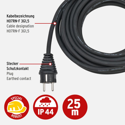 Brennenstuhl construction site extension cable IP44 (25m cable, H07RN-F 3G1.5, for outdoor use and use on construction sites) black 1167820