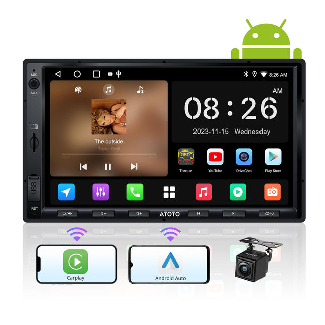 ATOTO A5 kahe DIN-iga Android-raadio, 7-tollise puutetundliku ekraaniga digitaalne meediavastuvõtja, juhtmevaba CarPlay ja Android Auto, WiFi/Bluetooth/USB-ühendus, tahavaatekaamera, telefonilink, 24B-EQ DSP