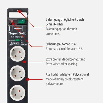 Brennenstuhl Super-Solid 8-kontaktiline pikendusjuhe ülepingekaitsega (pistikupesa 2,5 m kaabli ja lülitiga, purunemiskindlast polükarbonaadist) must/hall