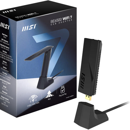 MSI BE6500 WiFi 7 USB Adapter - Wi-Fi up to 2880 Mbps (6 GHz) + 2880 Mbps (5 GHz) + 688 Mbps (2.4 GHz), MU-MIMO, adjustable antenna - Wired mount included