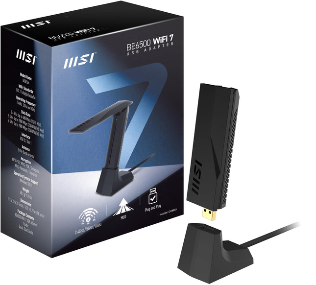 MSI BE6500 WiFi 7 USB adapter - WiFi kuni 2880 Mbps (6 GHz) + 2880 Mbps (5 GHz) + 688 Mbps (2,4 GHz), MU-MIMO, reguleeritav antenn - Juhtmega kinnitus kaasas
