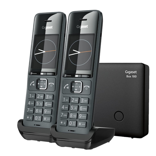 Gigaset Comfort 520HX Duo &amp; Box100-2 Elegantsed juhtmeta DECT-telefonid - tippkvaliteediga heli - käed-vabad režiim - alus toetab kuni 6 telefonitoru - analoogtelefoniühenduseks, titaanmust