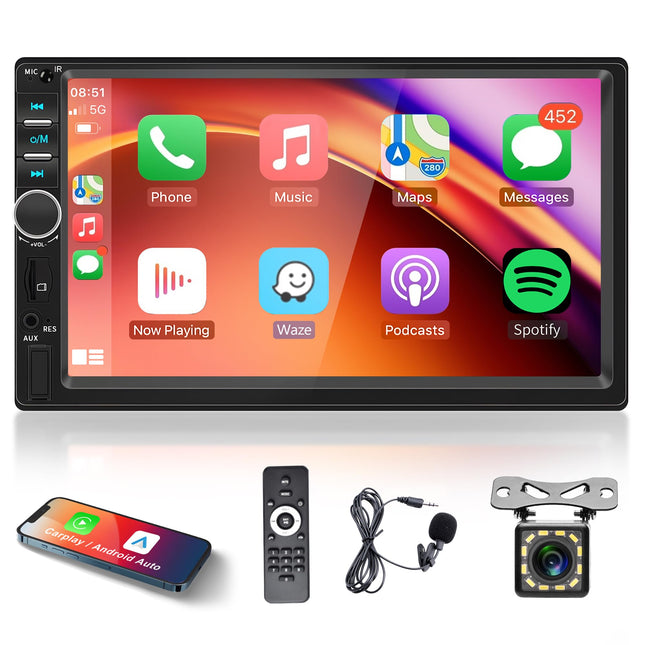 Apple Carplay Car Radio 2 Din with Android Auto Bluetooth Handsfree 7 Inch Touchscreen Car Radio with Mirror Link FM/USB/AUX/EQ/TF Steering Wheel Control + Rear View Camera Microphone Remote Control