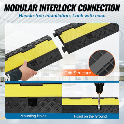 VEVOR 3x 2-Channel Cable Bridge 98x24x4.5cm Overrun Protection Rubber &amp; PVC Hose Bridge Max. Load Capacity 5443kg per Axle Channel Size 3x3cm Access Ramp Ideal for Parking Lots Warehouses Construction Sites
