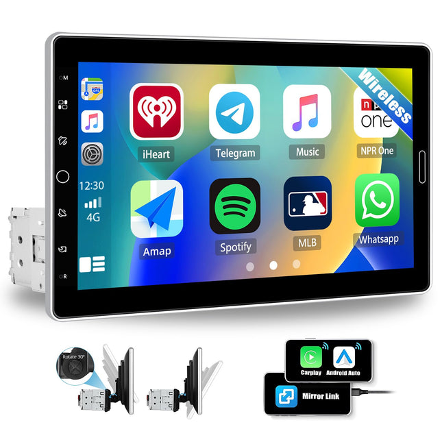 CAMECHO 1 DIN autoraadio juhtmevaba Apple Carplay ja Android Autoga, 10,1-tolline pööratav puutetundlik ekraan, FM/AM/RDS, Bluetooth EQ, Mirror Link, roolilt juhtimine, YouTube + IPS-ekraan