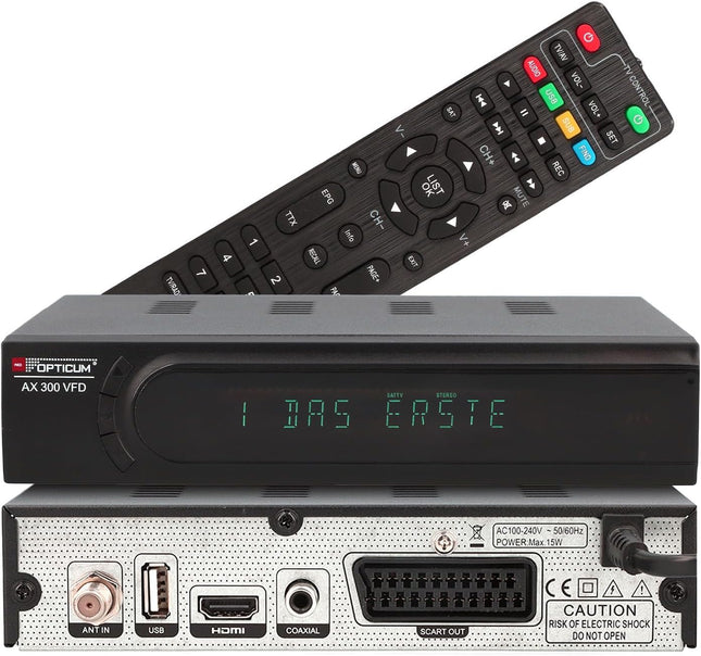 RED OPTICUM AX 300 VFD satelliitvastuvõtja PVR-iga | Digitaalne HD satelliitvastuvõtja tähtnumbrilise ekraaniga - DVB-S2 - HDMI - SCART - USB 2.0 - koaksiaalheli | 12V toiteallikas ideaalne telkimiseks