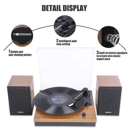 Vinyl Record Player VOSTERIO Bluetooth Record Player with Two 15W External Speakers HiFi Stereo Speakers, 3-Speed ​​33/45/78 RPM, Bluetooth Input &amp; Output, Aux-in, Walnut