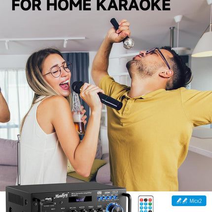 Moukey 2.0 kanaliga stereo Bluetooth karaoke võimendi, 100W stereo helivõimendi vastuvõtja, HiFi võimendi RCA, USB, SD, 2 mikrofoni sisendiga, FM-raadio autosse või koju, MAMP3