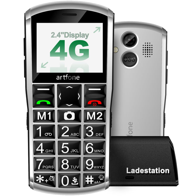 artfone 4G Volte mobiiltelefon pensionäridele ilma lepinguta | Suure nupuga mobiiltelefon pensionäridele | 2,4-tolline lihtne mobiiltelefon pensionäridele, testi võitja hädaabikõne nupu ja kahe nano-SIM-kaardiga | Laadimisjaam | Hõbedane