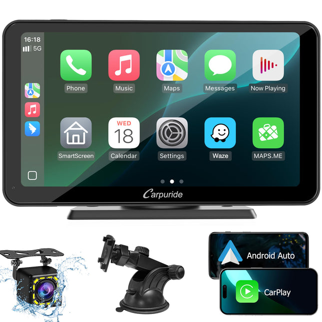 Carpuride Wireless Carplay &amp; Android Auto, 7-inch Touchscreen Digital Media Car Stereo Receiver, Portable Car Radio with Backup Camera, Mirror Link, Bluetooth, GPS, AUX, FM