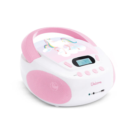 mooov 477407 CD-mängija lastele kõlarite, USB, kõrvaklapipesa ja AUX-IN-pordiga - kaasaskantav Boombox CD-mängija - töötab vooluvõrgust või patareidega - ükssarviku mudel - roosa/valge