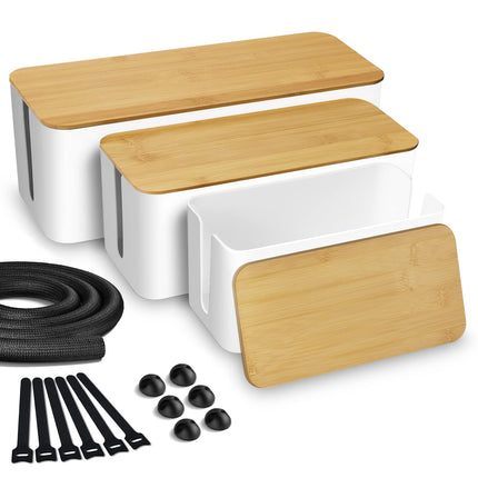 Lannvan Cable Box - Set of 3 made of ABS plastic with bamboo lid - Desk organizer for hiding cables - Cable management box large, medium &amp; small (white)