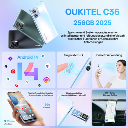 OUKITEL C36 nutitelefon ilma lepinguta 24GB + 256GB / 1TB, Android 14 4G mobiiltelefon, odav kaheksatuumaline, 6,56-tolline 90Hz ekraan, 5150mAh aku, 13MP panoraamkaamera, kahe SIM-kaardiga lukustamata mobiiltelefonid, sõrmejäljelugeja - must