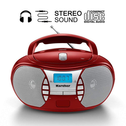 Karcher RR 5025-R kaasaskantav CD-raadio (CD-mängija, boombox, FM-raadio, aku/võrgutoitega, AUX-sisend) punane