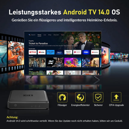 Kinhank Android TV Box G1, 4K AUTO HDR nutiboks Android TV 14, ühildub Google'i | Netflix 4K | Dolby Vision-Digitaal Plusiga, 4 GB RAM 32 GB ROM, WIFI 6, BT 5.0, AV1, Android Box Etherneti häälassistendiga
