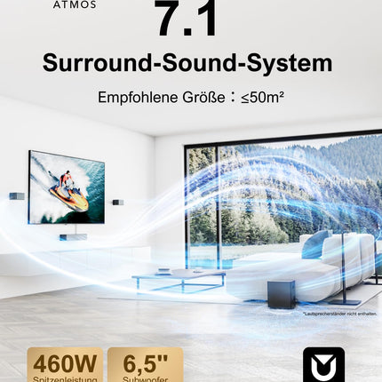 ULTIMEA 7.1 ruumilise heli süsteem telerile Dolby Atmose funktsiooniga, rakenduse juhtimine, 4 juhtmega ruumilise heli kõlarit, 460 W heliriba nutitelerile juhtmevaba subwooferiga, kodukino helisüsteem, Poseidon D80