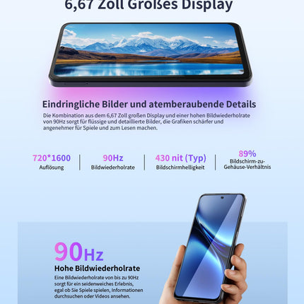 OUKITEL C58 (16GB+128GB) nutitelefon ilma lepinguta - 6,67-tolline 90Hz Android 14 mobiiltelefon soodne, 5150mAh aku, 13MP+5MP kaamera, näotuvastus ja sõrmejäljelugeja, NFC, GPS, kahe SIM-kaardi pesa 4G soodne nutitelefon, must