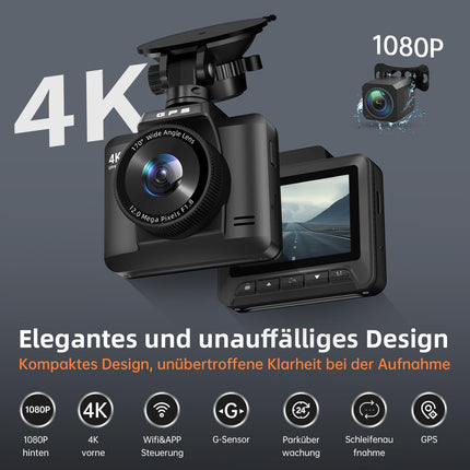 Auto armatuurlaud ees ja taga 4K+1080P, Auto armatuurlaud GPS WiFi-ga, Topelt autokaamera 32GB kaardiga, 170° lainurk, Super öine nägemine WDR, 24H parkimise jälgimine, G-andur, tsükkelsalvestus, rakenduse juhtimine, max 256GB