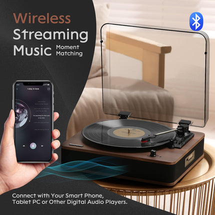 Retrospiler Record Player, Bluetooth Input and Output Turntable with Built-in Speakers, FM Radio, Vinyl MP3 Recording, USB and SD Playback, LED Screen, Walnut